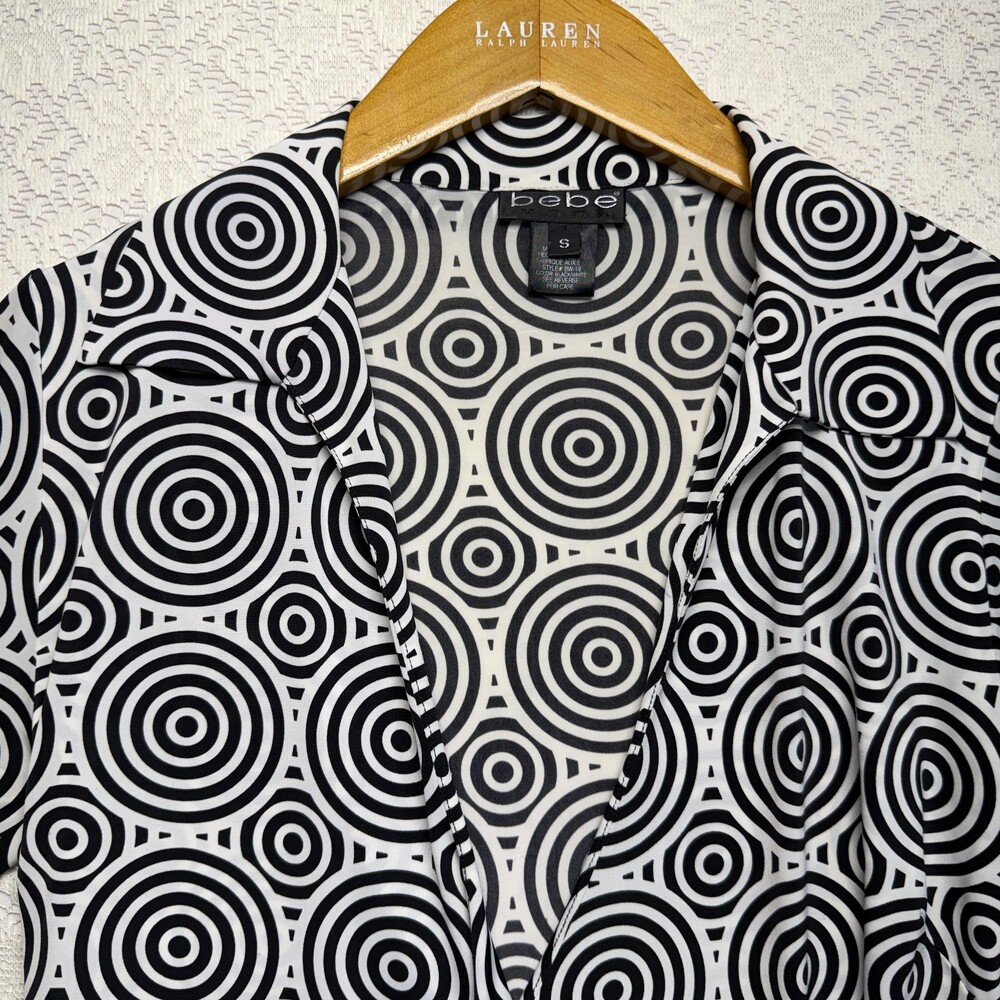 Bebe Wrap Dress Womens Small Black White Geometric Print Long Sleeve Knee Length - Picture 3 of 11